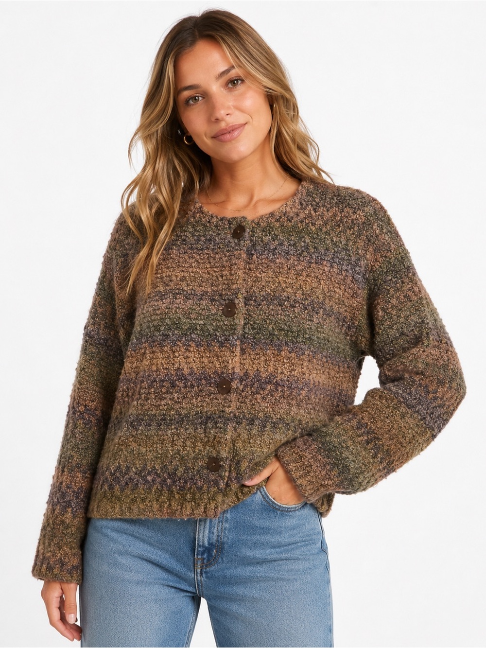 First Option Vintage Striped Bouclé Button Cardigan Large Brown Multi Made in US